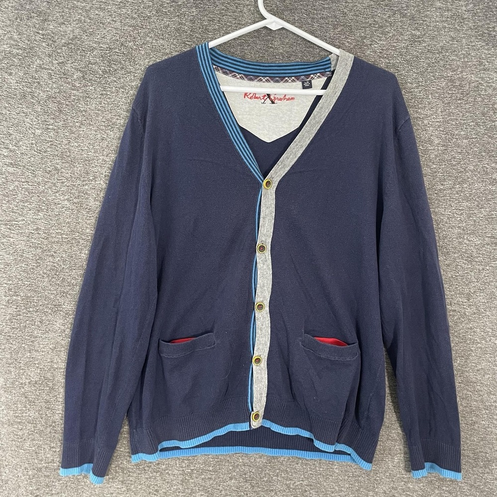 Robert‎ Graham Sweater Mens Large Blue Cotton Cashmere V Neck Knit Cardigan